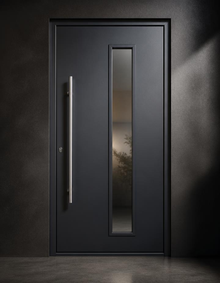 Anthracite composite front door with a slim glazed panel and bar handle
